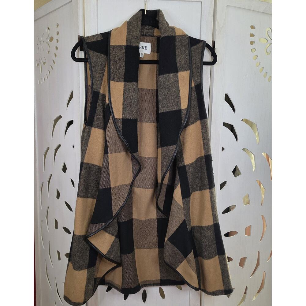 BKE Women's Buffalo Check Open-front Vest Faux Leather Trim Preppy Size XL - Picture 2 of 8